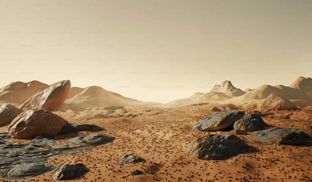 Landscape of Mars.The martian surface scatters with rocks and dust, with distant mountains. 3D background illustration.