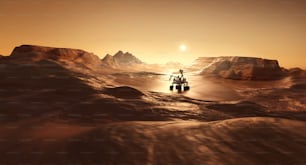 Ein Rover auf der Marsoberfläche auf der Suche nach Lebenszeichen. 3D-Illustration von Wissenschaft und Exploration.