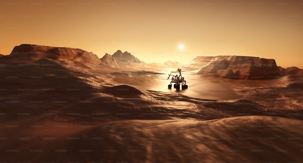 Un rover en la superficie de Marte en busca de signos de vida. Ilustración 3D de ciencia y exploración.