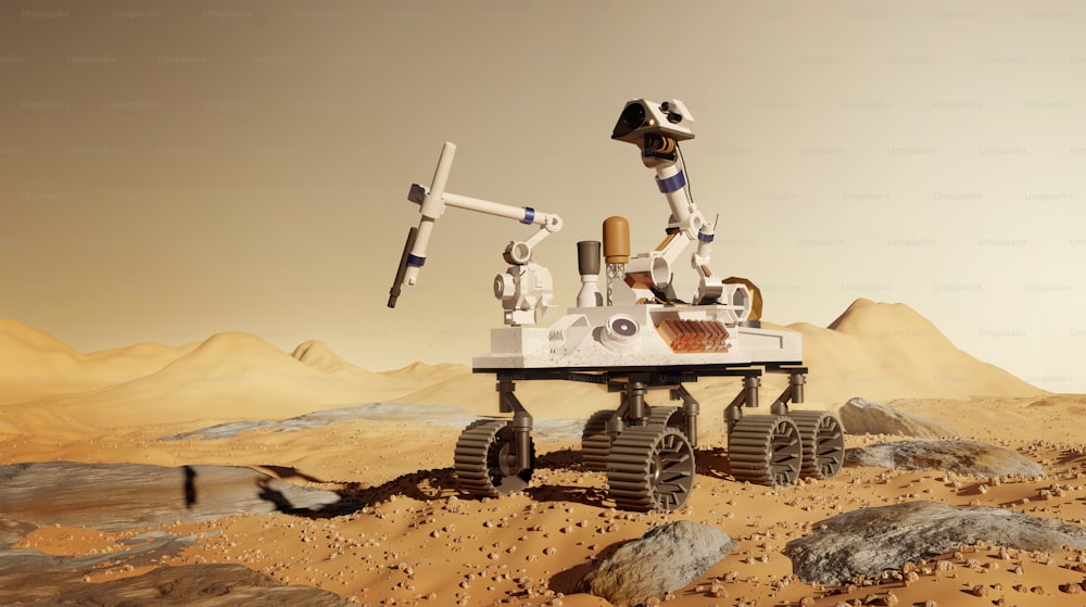 Una misión robótica a Marte, explorando y realizando experimentos científicos en la superficie marciana. Ilustración 3D.