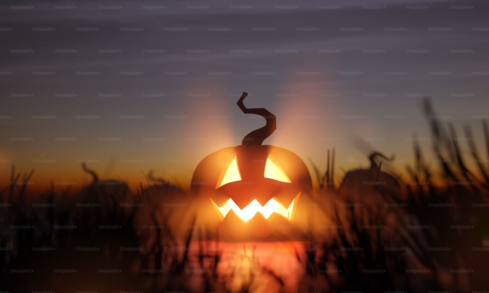 A glowing halloween Jack O Lantern in a pumpkin patch field at night. 3D illustration.