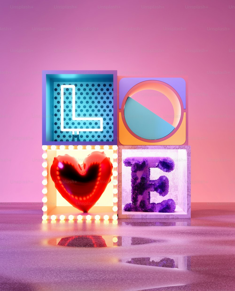 A palavra LOVE feita de blocos e diversos materiais e texturas. Ilustração 3D