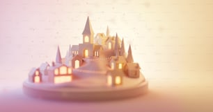 Un villaggio natalizio invernale con edifici e nevicate. Illustrazione 3D dello sfondo festivo delle vacanze.