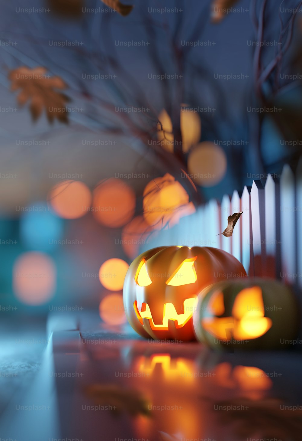 Dia das Bruxas de outubro Jack O Lantern abóboras com rostos à noite em uma rua residencial. Ilustração 3D.