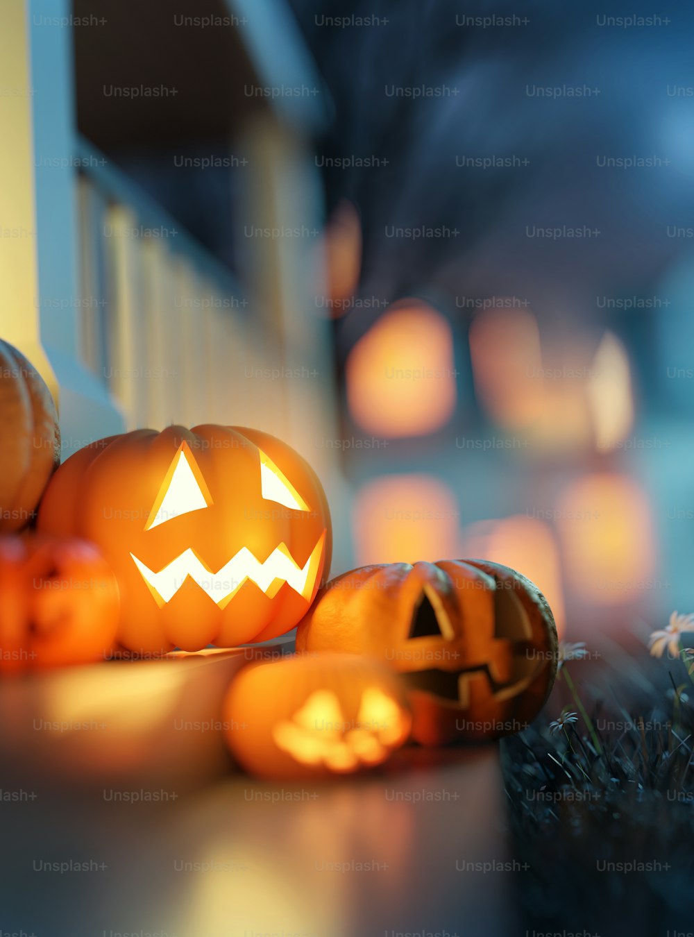 Halloween evening glowing pumpkin Jack O lanterns on a front porch. 3D illustration