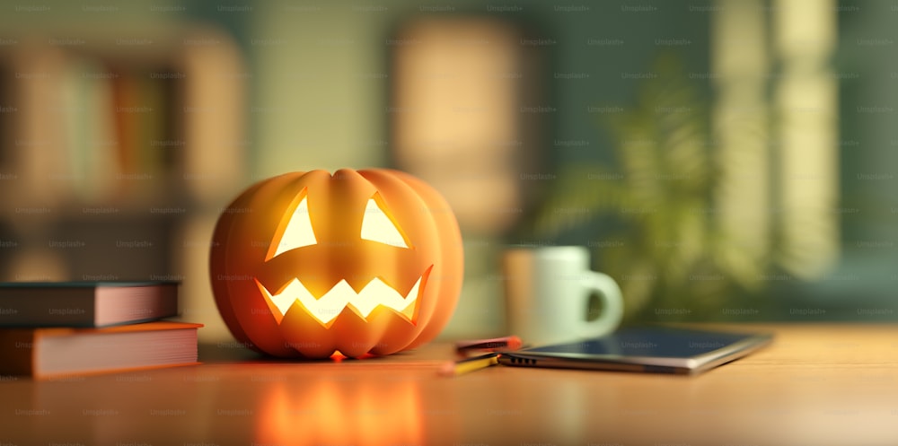 Glowing halloween pumpkin on a desk at home. 3D illustration.