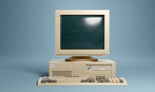 Retro 1990s style beige desktop PC computer and monitor screen and keyboard.  3D illustration.