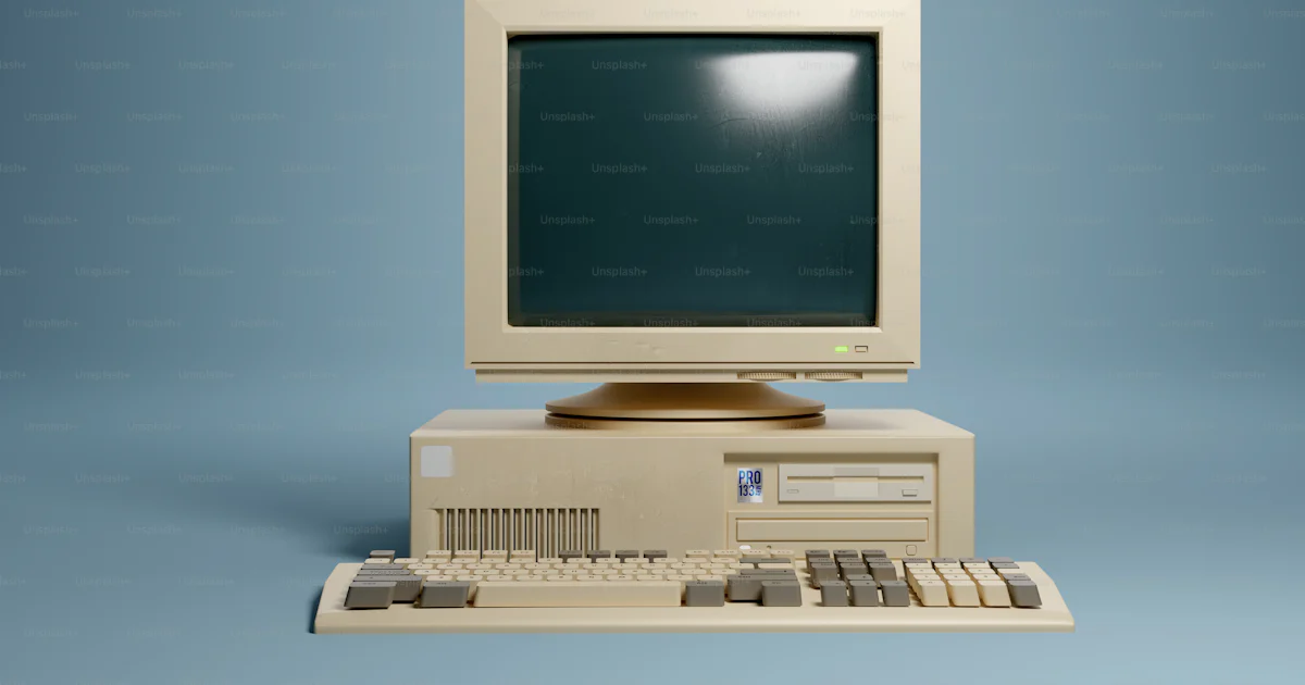 레트로 1990 년대 스타일의 베이지 색 데스크탑 PC 컴퓨터 및 모니터 화면 및 키보드. 3D 일러스트레이션입니다. 사진 ...