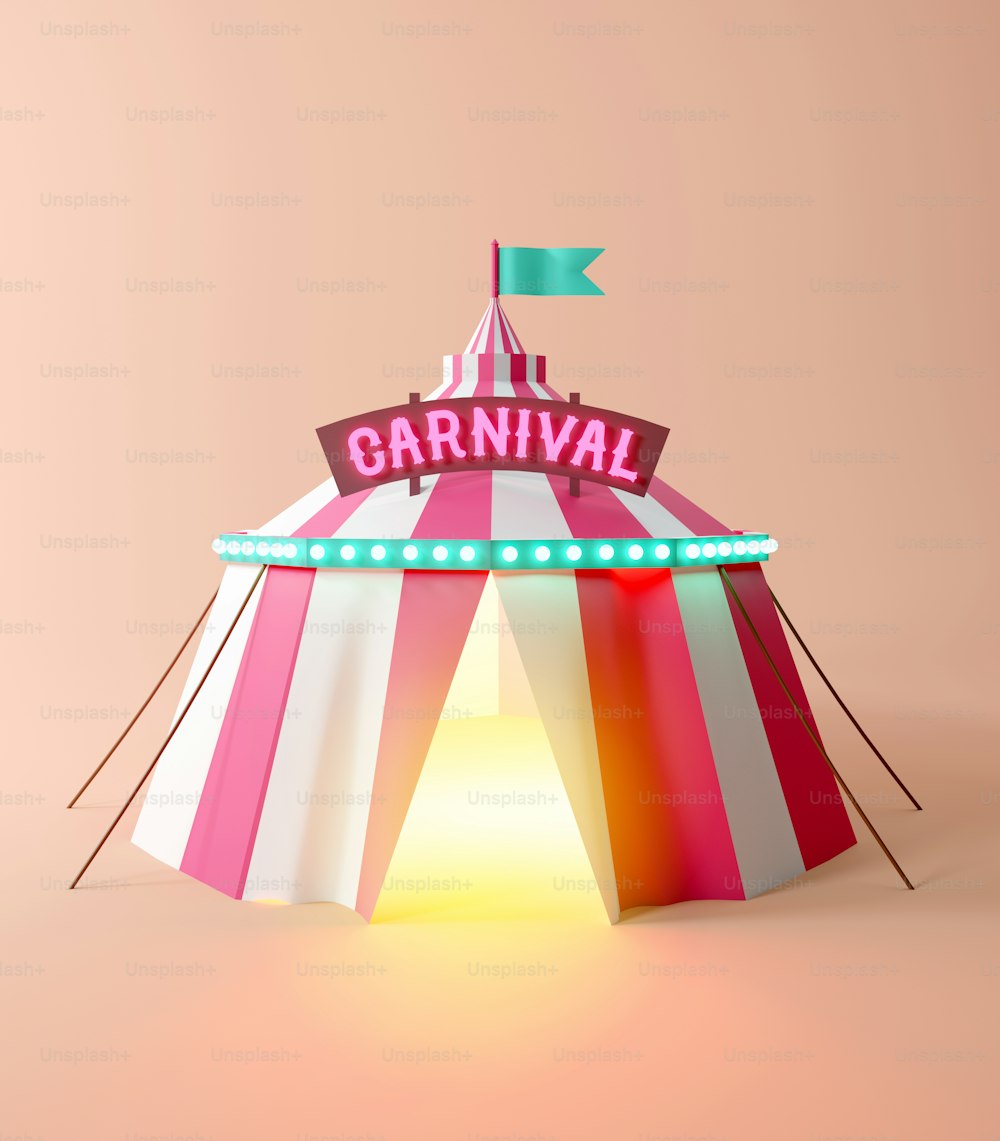 Uma tenda decorada de circo e carnaval para eventos e entretenimento. Ilustração 3D
