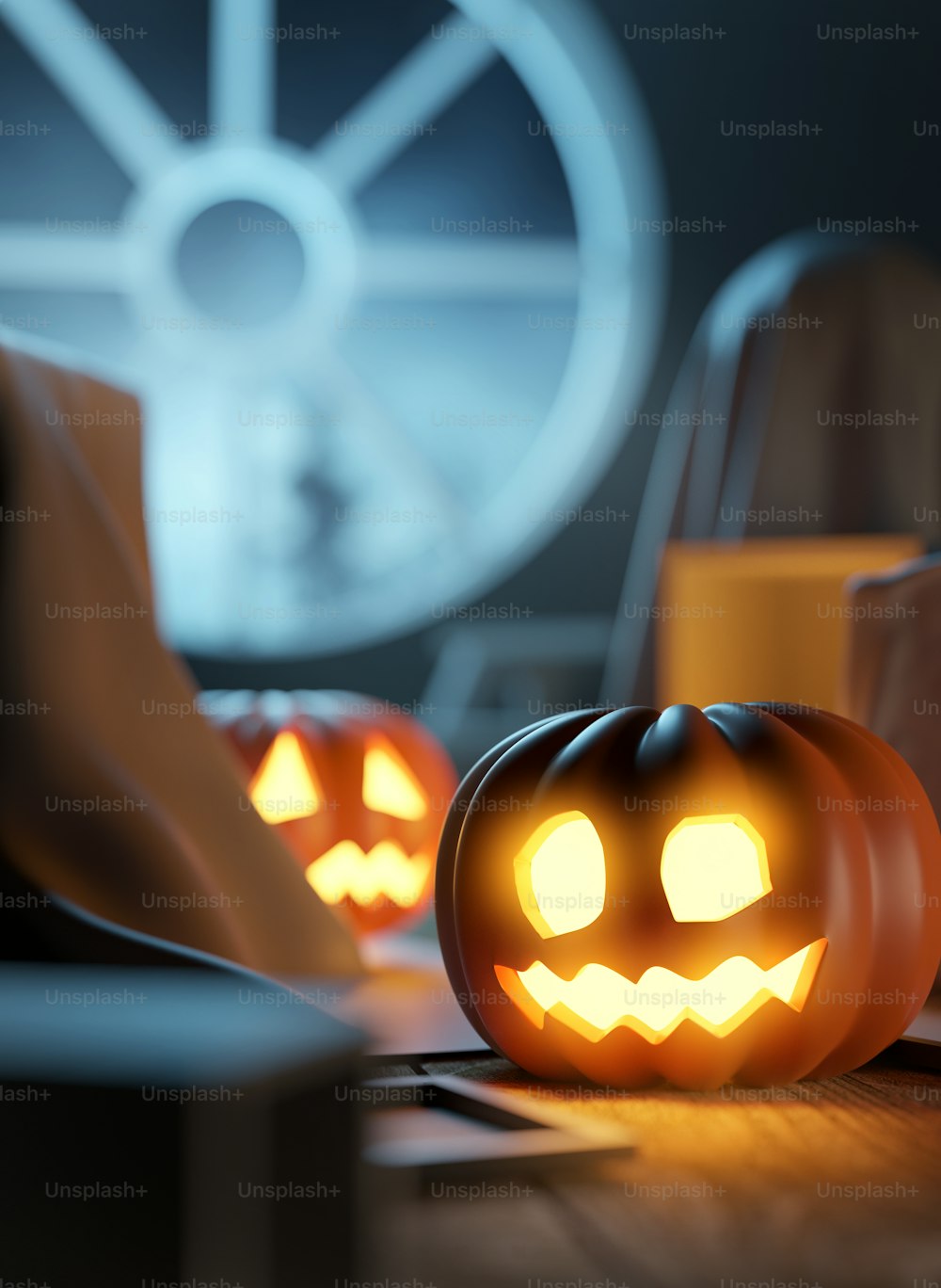 halloween Jack O Lantern pumpkin home decorations. Spooky 3D illustration