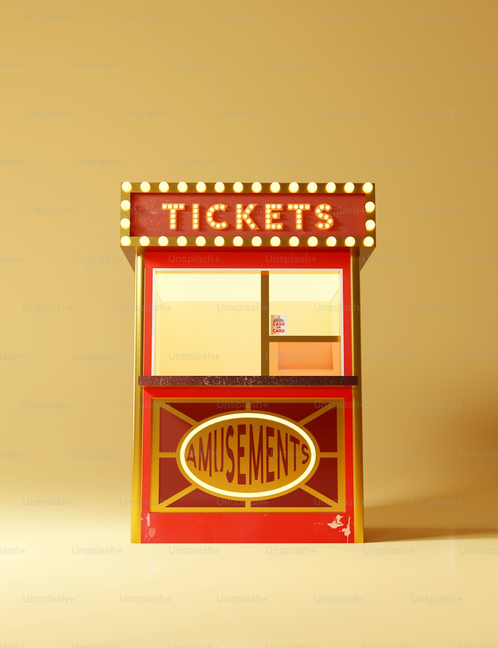 A vintage gold and red circus and performing arts ticket counter booth. 3D illustration.