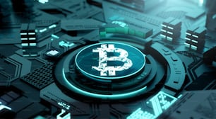 Bitcoin e criptomoeda - fundo da tecnologia de dinheiro digital. Ilustração 3D