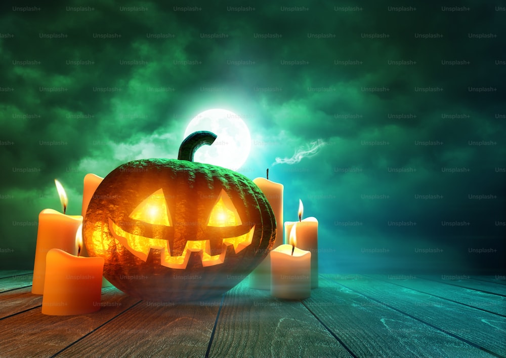A glowing Pumpkin Jack-O-Lantern lit by an eerie green moonlight on Halloween, mixed media illustration.