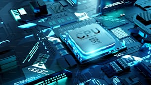 Antecedentes de la tecnología de semiconductores de CPU. Ilustración 3D.