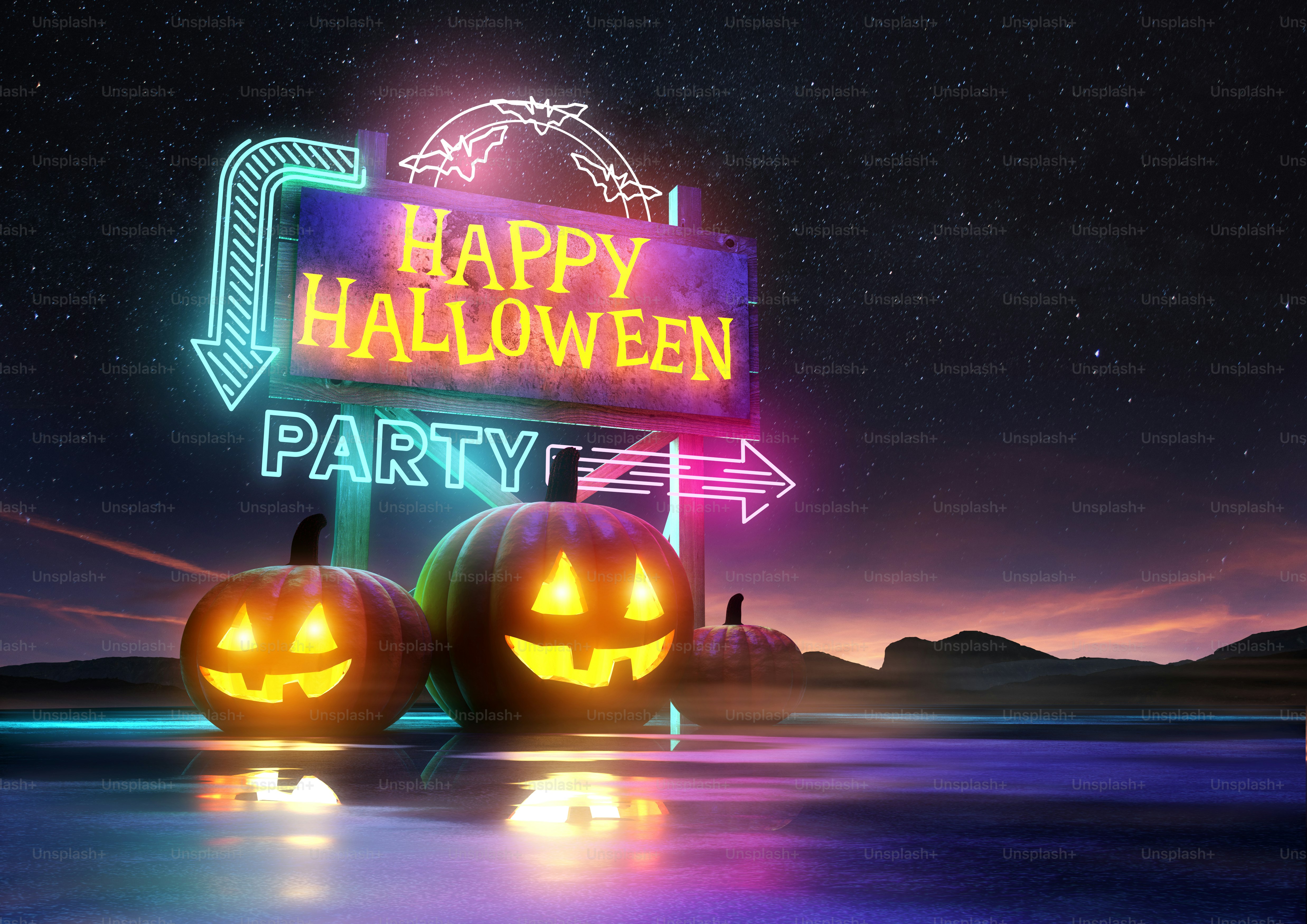輝く看板とカボチャのハロウィーンパーティーの背景デザイン。3Dイラストレーション。