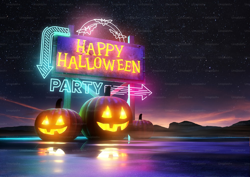 Halloween party background design with glowing signs and pumpkins. 3D illustration.