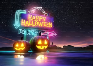 Halloween party background design with glowing signs and pumpkins. 3D illustration.