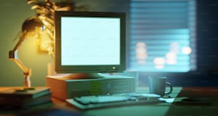 Um computador dos anos 90 e um monitor de configuração de home office. Ilustração 3D