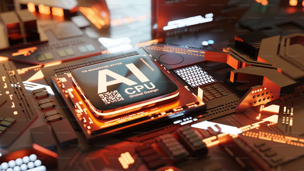 CPUプロセッサを搭載した未来のAI人工知能。3D技術の背景。