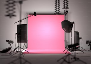 Fashion photography studio empty background with studio equipment. 3D illustration.