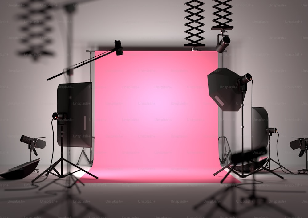 Mode-Fotostudio leerer Hintergrund mit Studioausrüstung. 3D-Darstellung.
