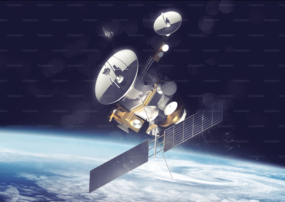Una sonda satelital que rastrea información y datos en el espacio. Ilustración 3D