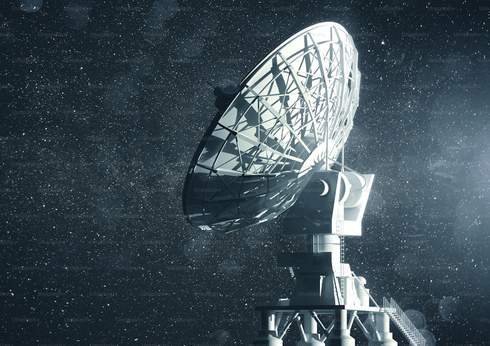 Un radiotelescopio muy grande que busca información en el espacio. Ilustración 3D.
