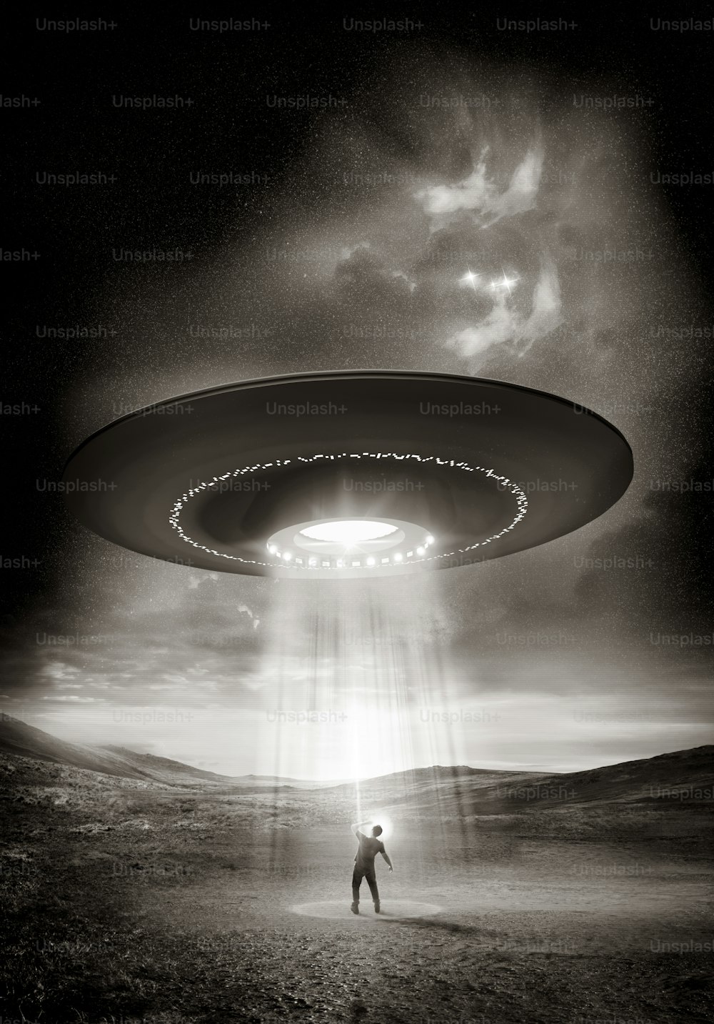 Out There. A man shields his eyes from the bright UFO above him. Abduction probable!