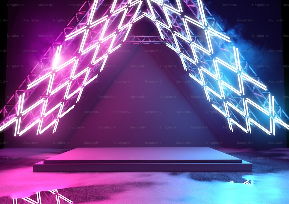 Stage with glowing neon lighting  - background with blank platform for concert or product placement. 3D illustration.