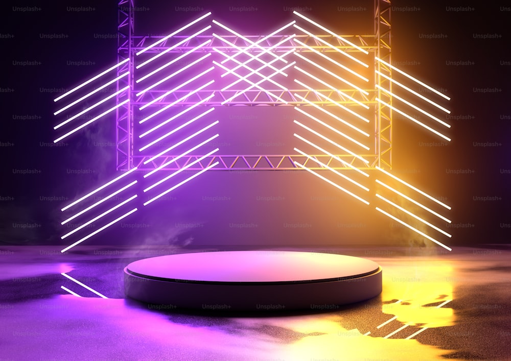 Blank concert platform for product placement with glowing neon tube lighting in purple and orange. 3D illustration.