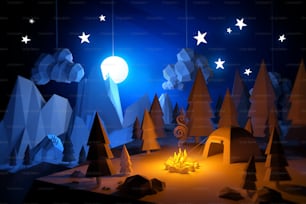 Low Poly 3D handemade feel camping adventure landscape. Camping under a full moon.