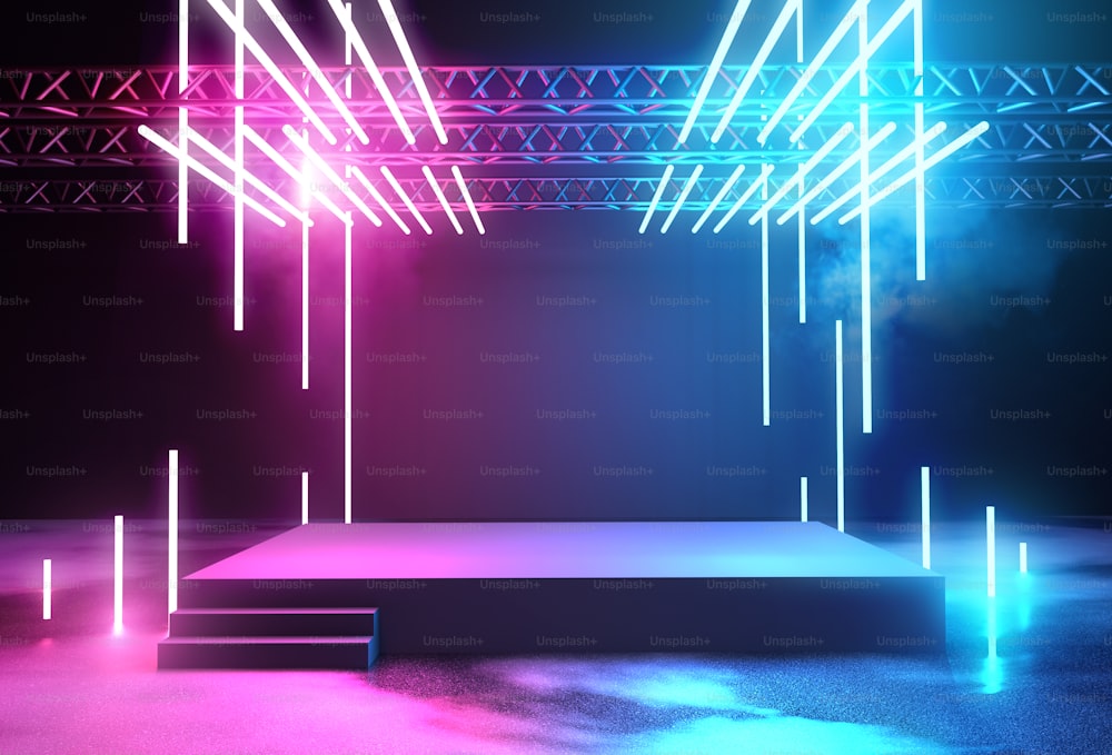 Stage with neon lighting background with blank platform for concert or product placement. 3D illustration.