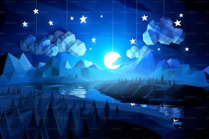 Low poly handmade feel landscape with mountains and a river at midnight.