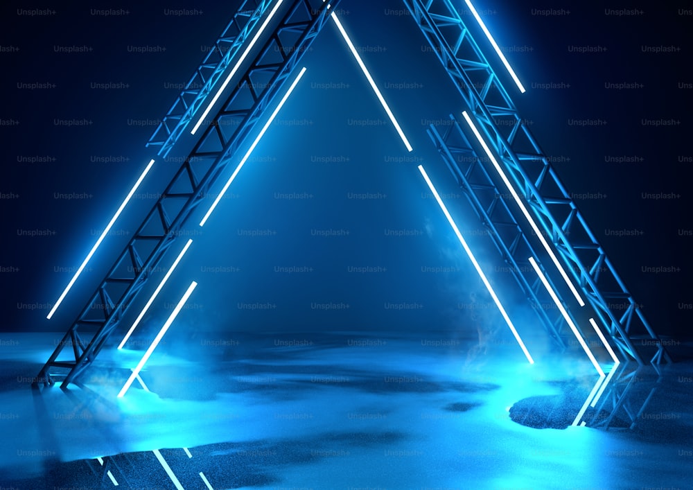 Futuristic glowing neon stage in blue. Concert background with product placement platform. 3d illustration