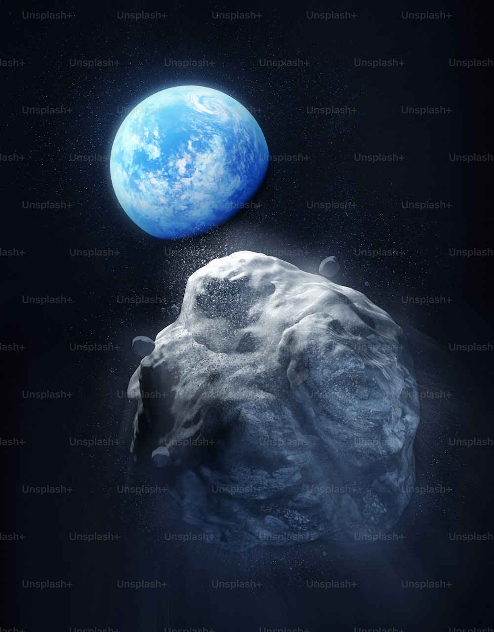 A large Meteor breaking up and heading towards planet Earth. 3D Illustration.