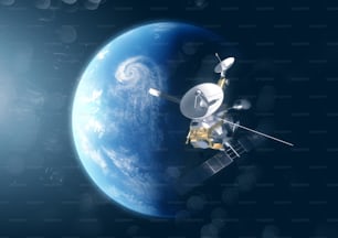 Uma sonda de satélite no espaço acima do planeta Terra. Ilustração 3D.