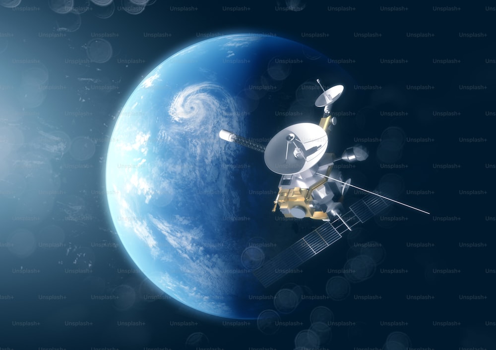 Una sonda satelital en el espacio sobre el planeta Tierra. Ilustración 3D.