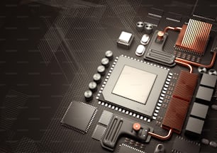 Modern Technology background.A close look at a computer CPU on a motherboard for processing data. 3D illustration render.