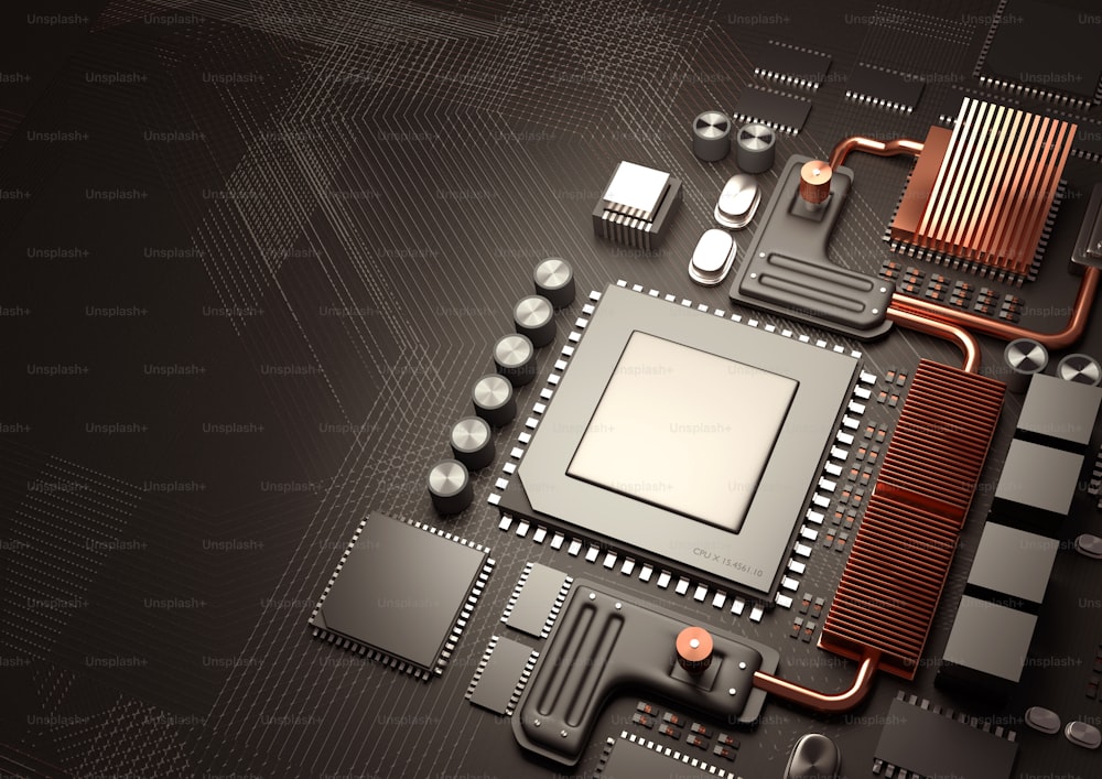 Modern Technology background.A close look at a computer CPU on a motherboard for processing data. 3D illustration render.