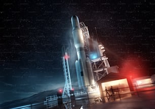 夜間の打ち上げ準備が整った大型宇宙ロケット。3Dイラストレーションのコンセプト。