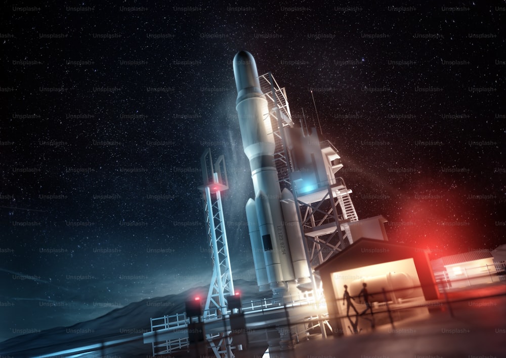 Eine große Weltraumrakete, die nachts zum Start bereit ist. 3D-Illustrationskonzept.