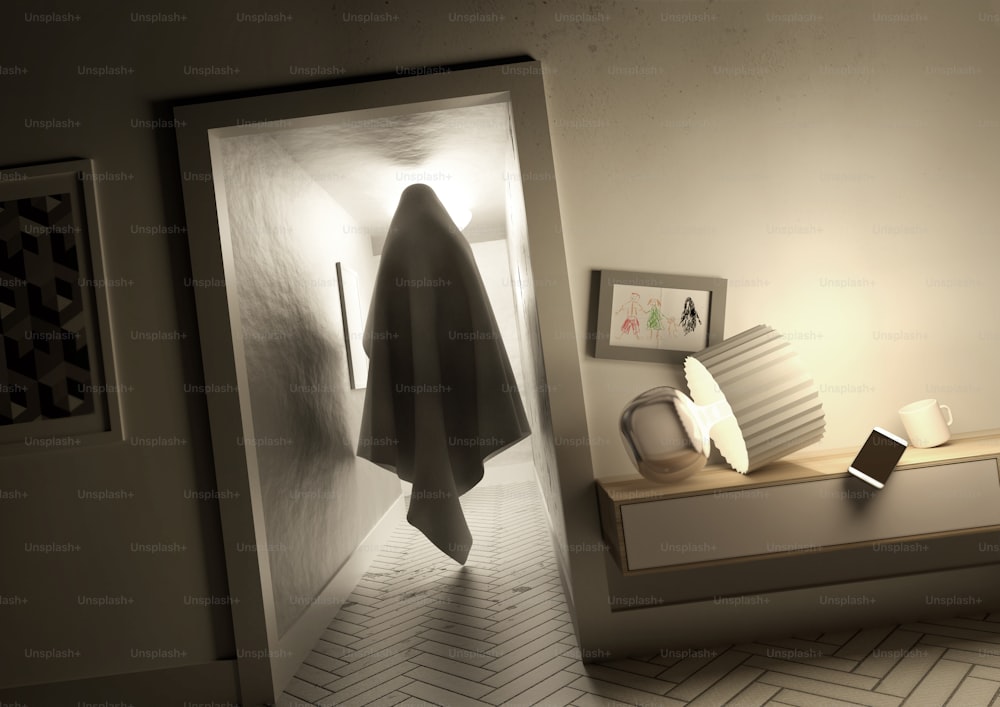 A creepy mysterious ghost spirit moving silently across a hallway inside a family home. 3D illustration concept.