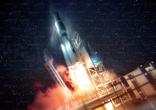 Eine große kommerzielle Rakete, die nachts ins All geschossen wird. 3D-Darstellung.