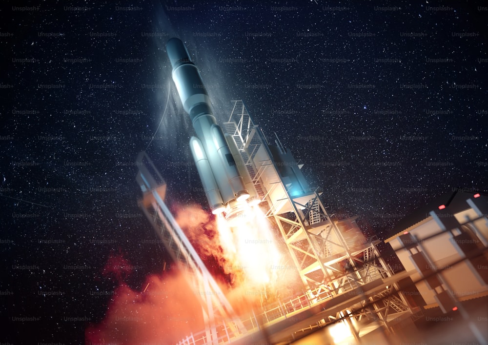Un gran cohete comercial lanzado al espacio por la noche. Ilustración 3D.