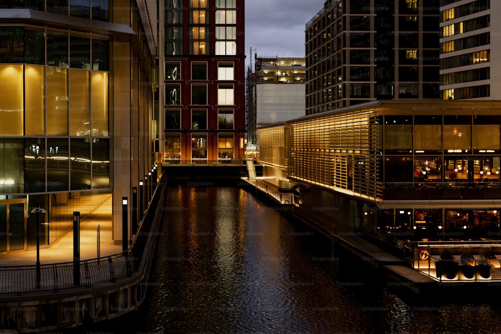 a river running through a city next to tall buildings