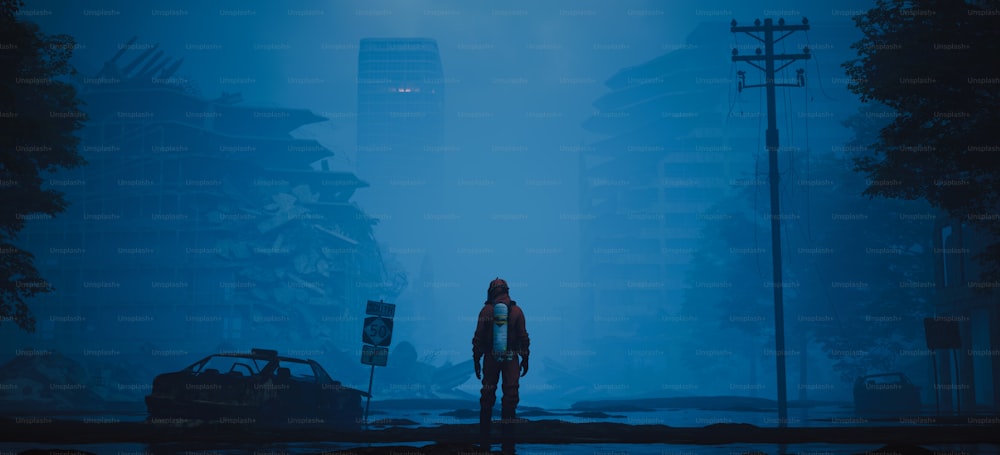 a man standing in the middle of a city at night