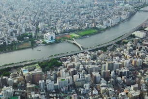 Una vista aérea de una ciudad con un río que la atraviesa