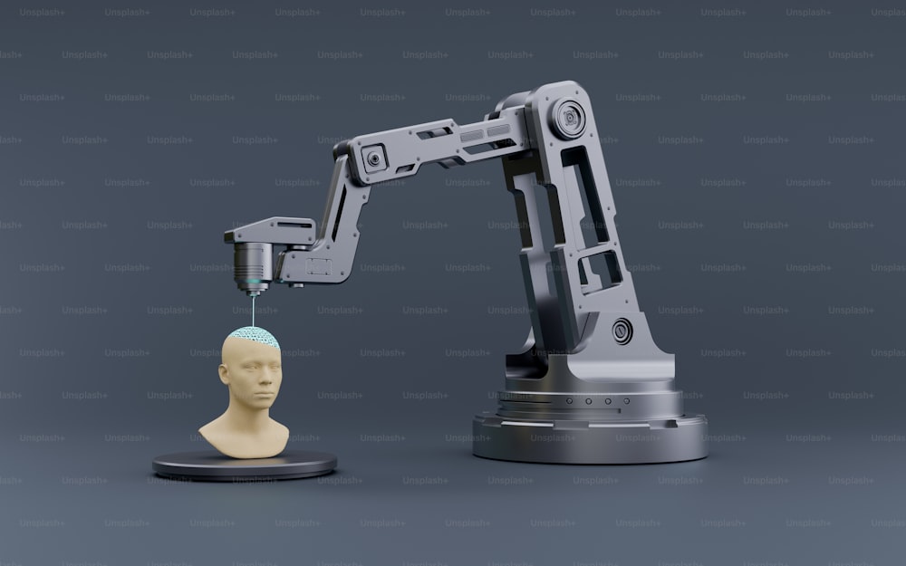 a robot arm is holding a human head