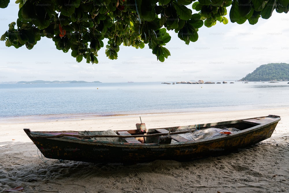 a boat sitting on the beach under a tree