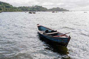una piccola barca blu che galleggia in cima a un lago